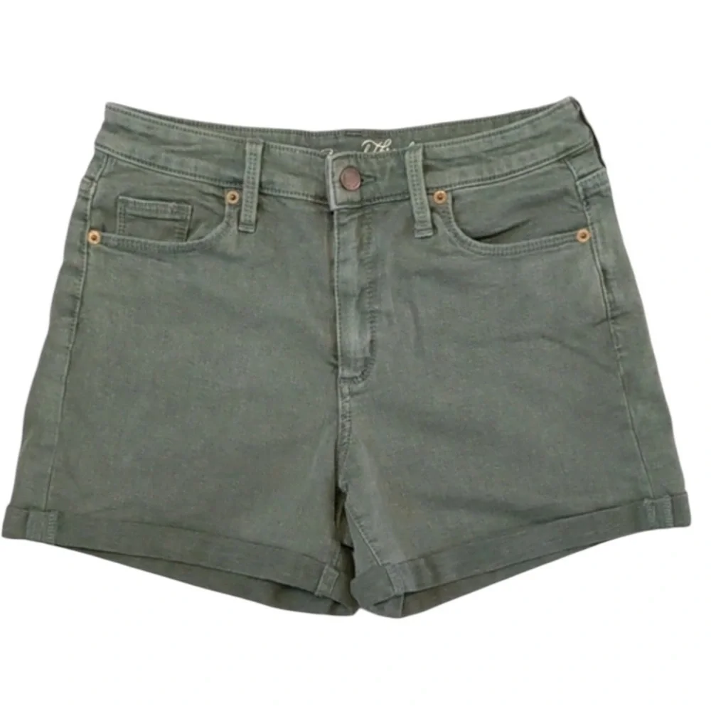 UNIVERSAL THREAD High Rise Midi Olive Green Cuff Stretch Jean Shorts SZ 25 EUC